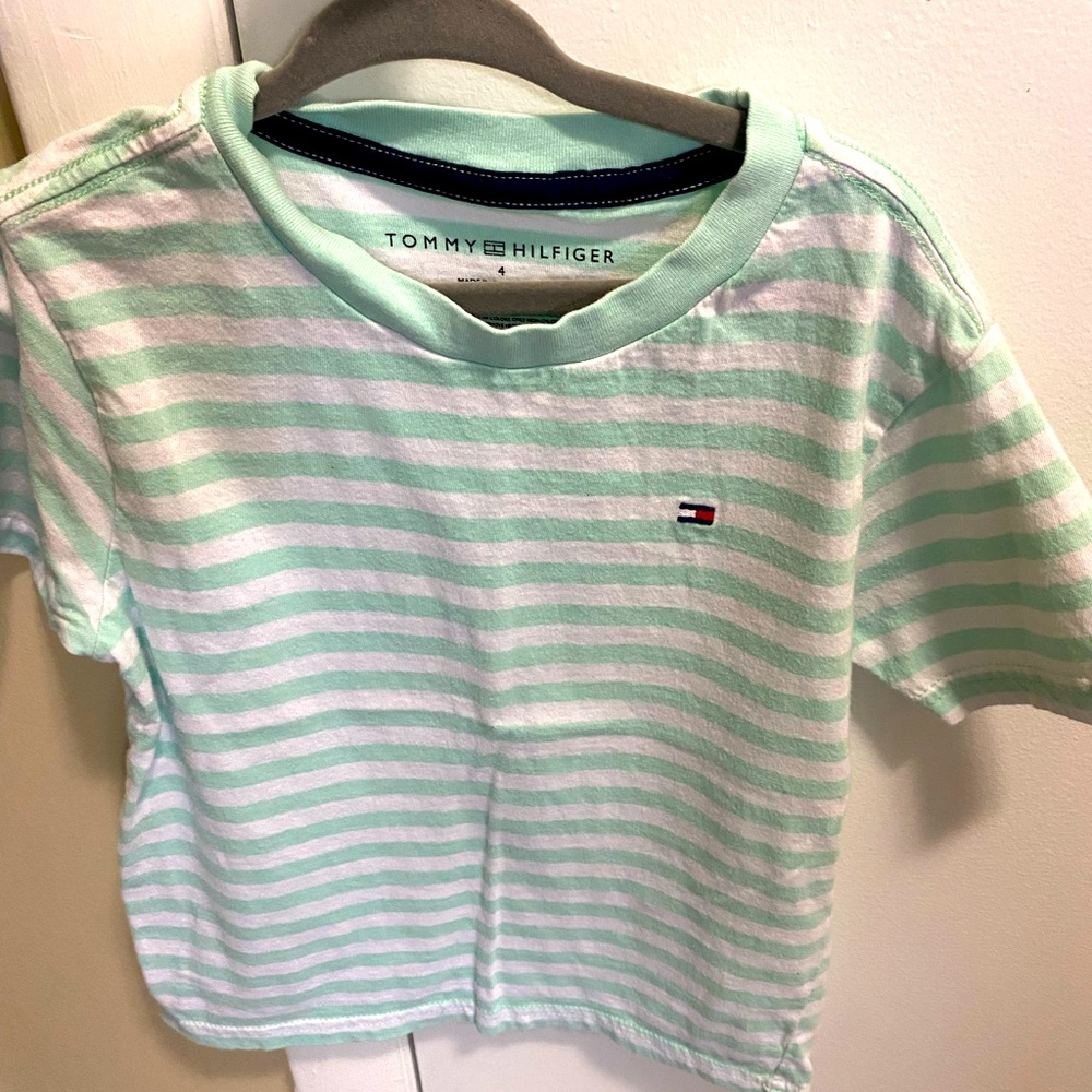 Toddler mint and white striped Tommy Hilfiger t-shirt